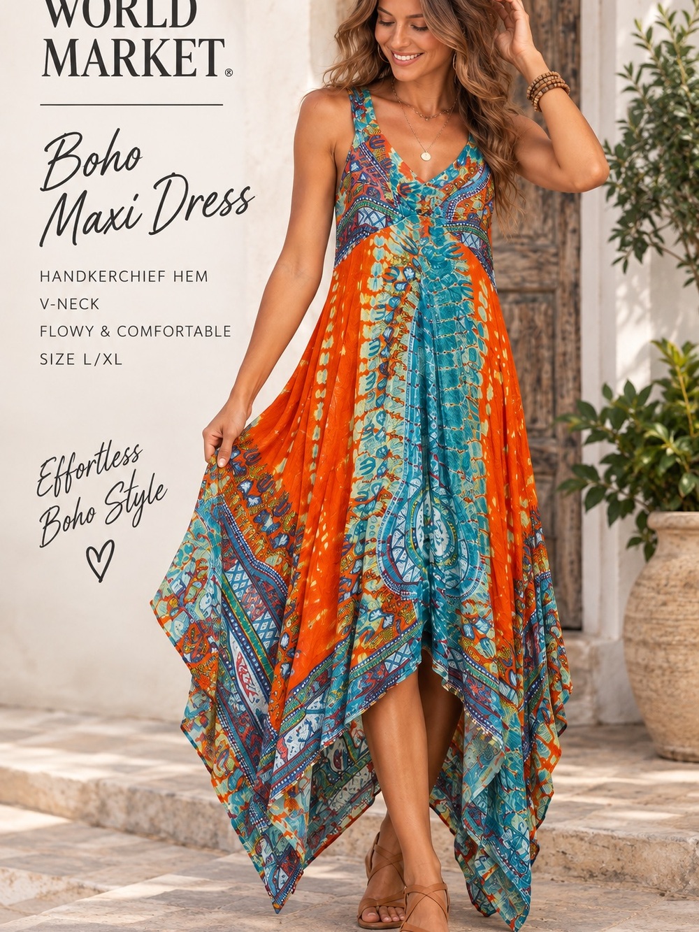 World Market Handkerchief Hem Maxi Dress L/XL Boho Paisley Orange Teal